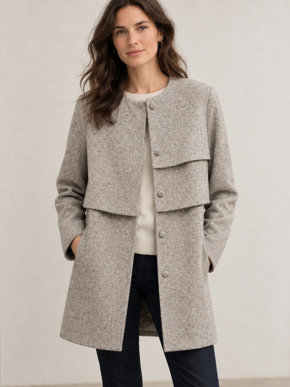 J. Peterman Neutral gray Layered Wool Coat woman size 8 NWT peacoat career lined